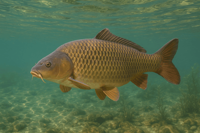 Golden brown common carp swimming underwater above rocky lakebed with aquatic plants