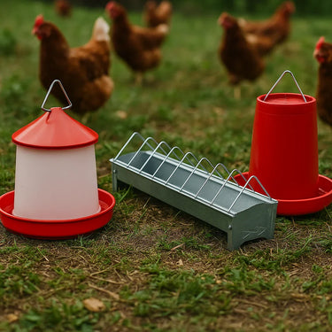 Red and white chicken feeders and metal poultry feeder on grass with chickens in the background