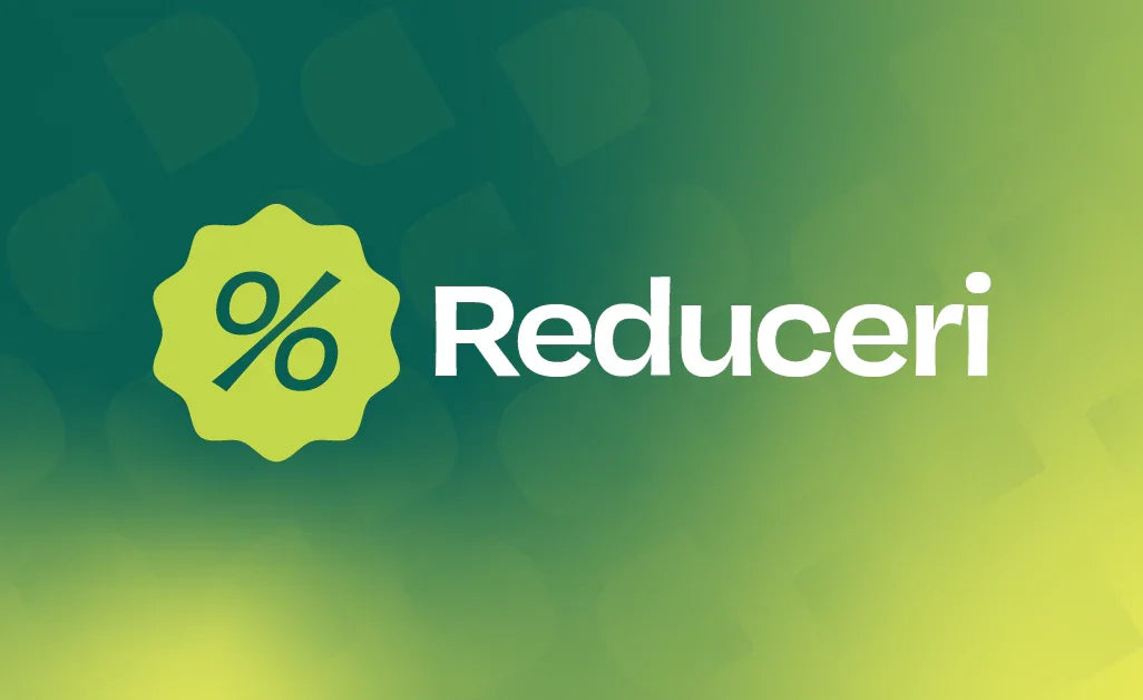 Green and yellow gradient background with a percentage icon and the word 'Reduceri' indicating discounts