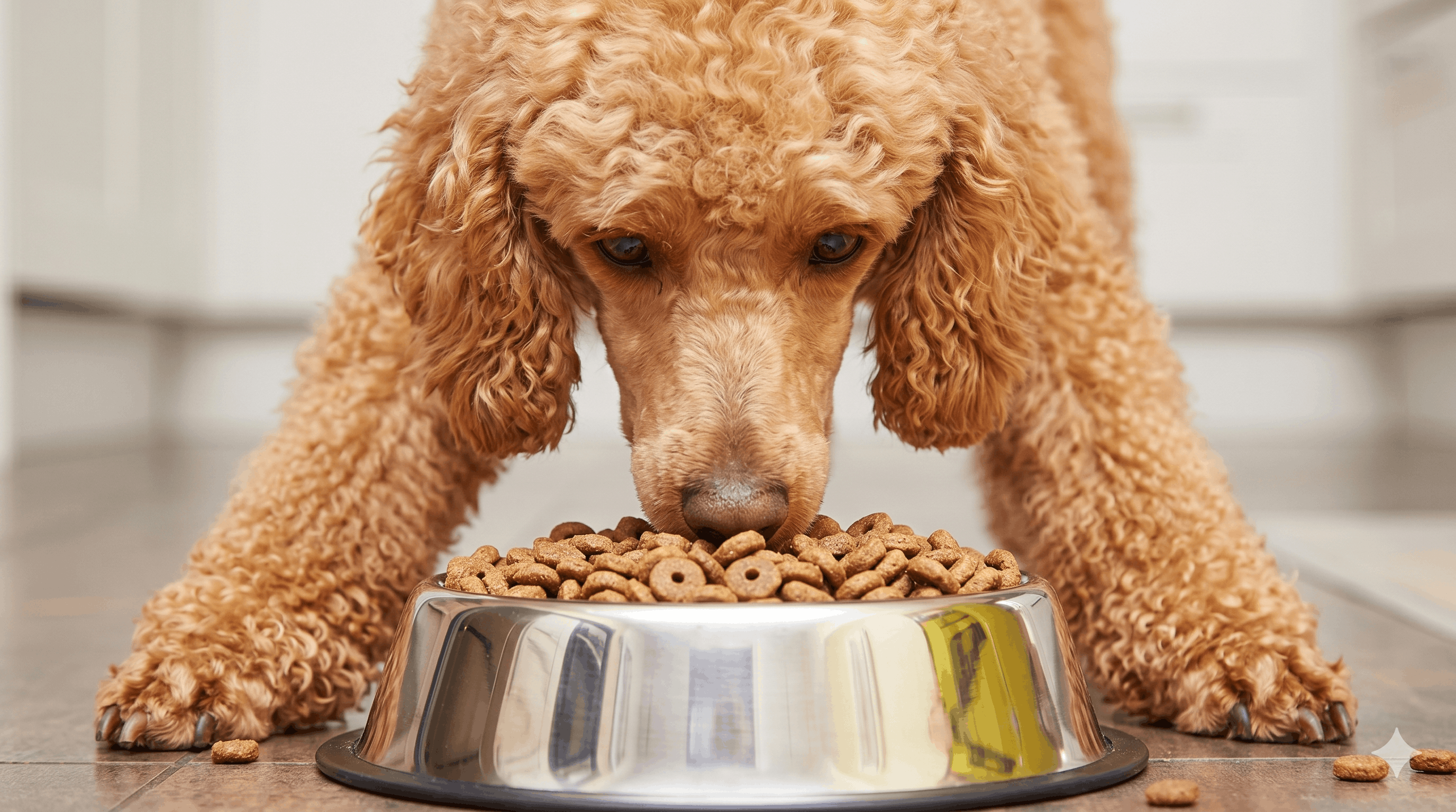 Premium dog food kibble with meat and veggies in stainless steel bowl