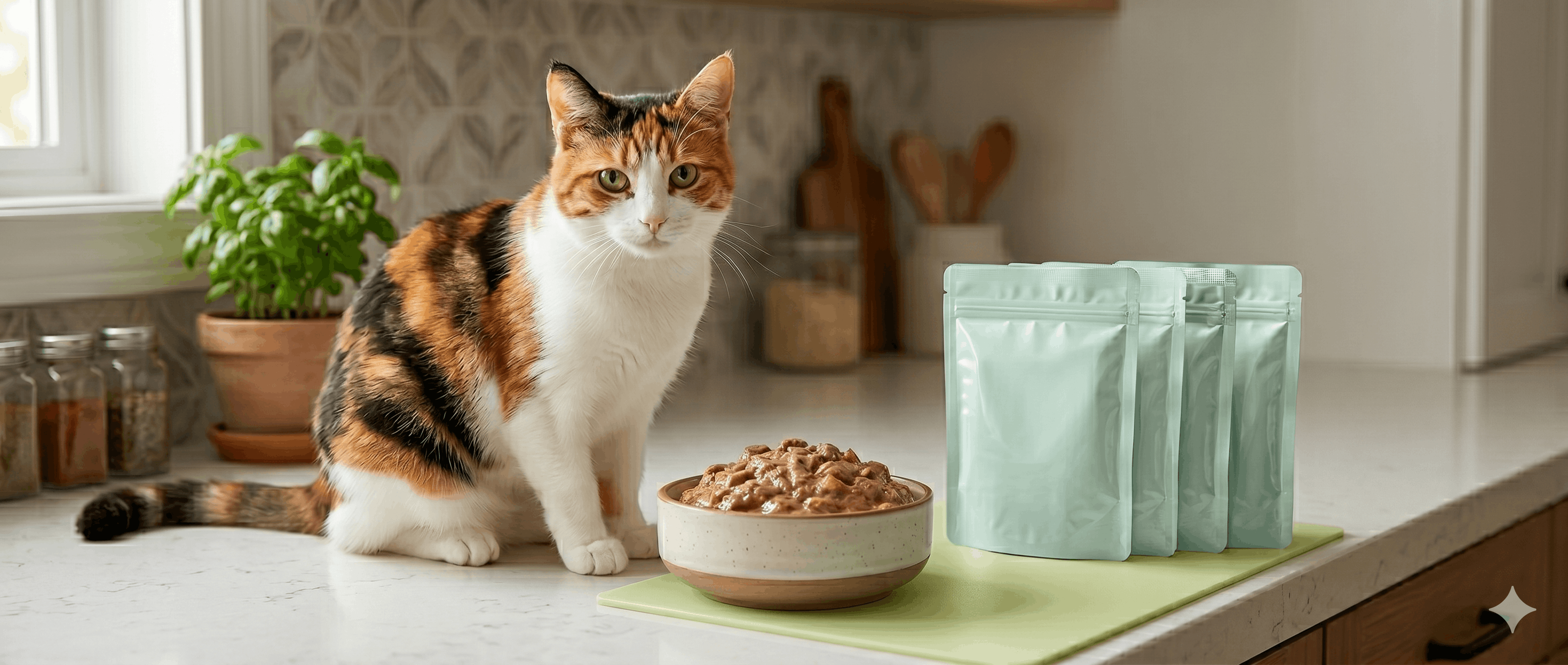 Variety pack of wet cat food pouches in colorful flavors on a bright countertop
