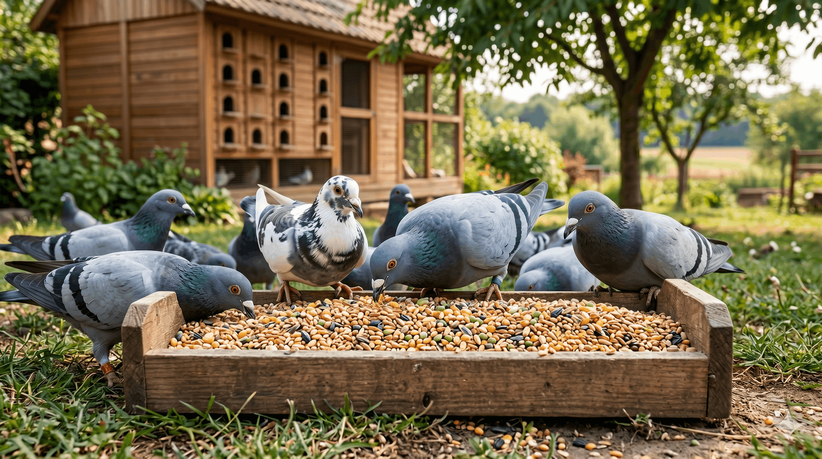 Pigeon feed mix with seeds, grains, and vitamins on rustic wood surface