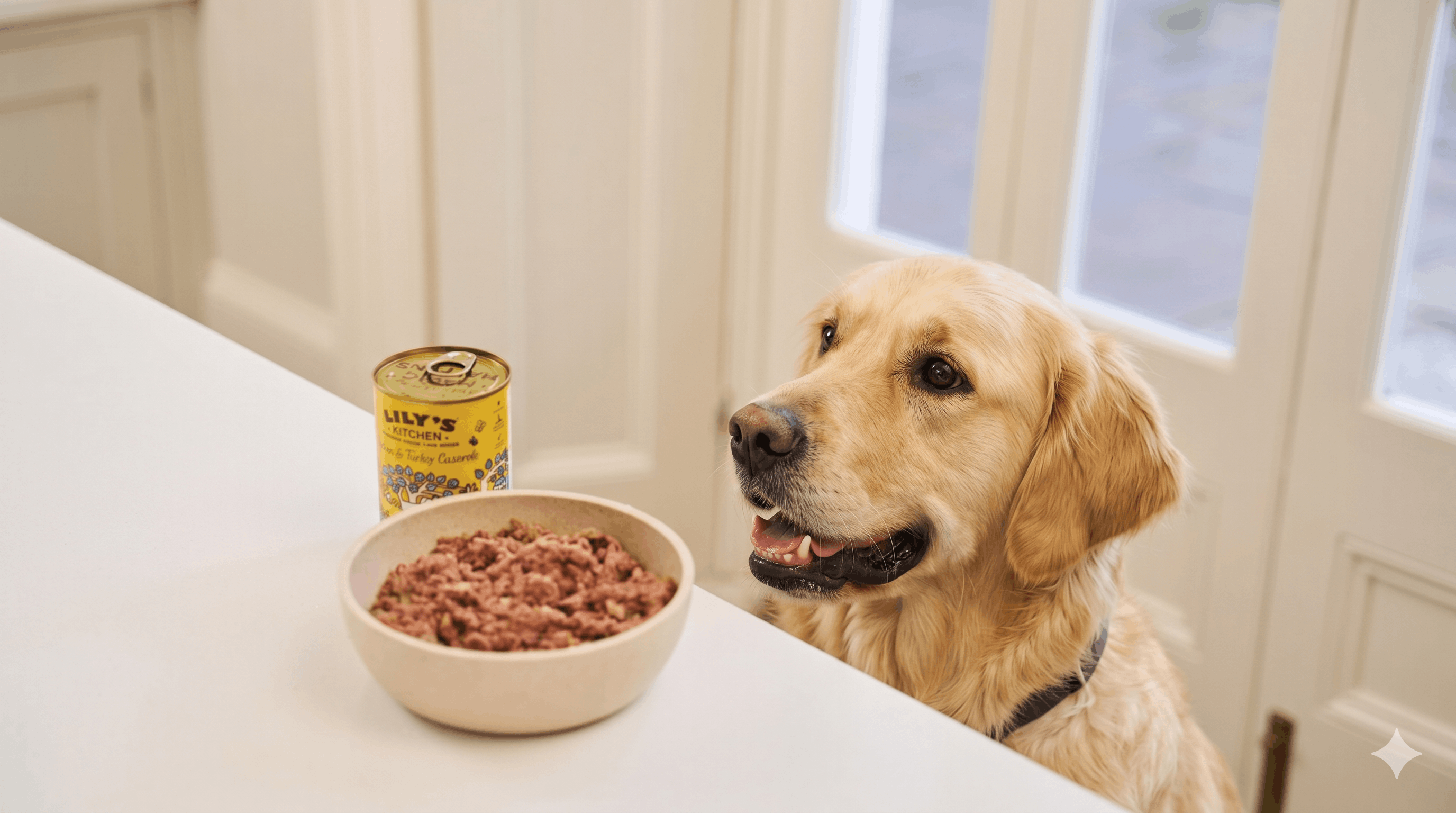 Open can of wet dog food with gravy, chunks of meat and carrots, labeled 'Gravy Rich & Juicy'