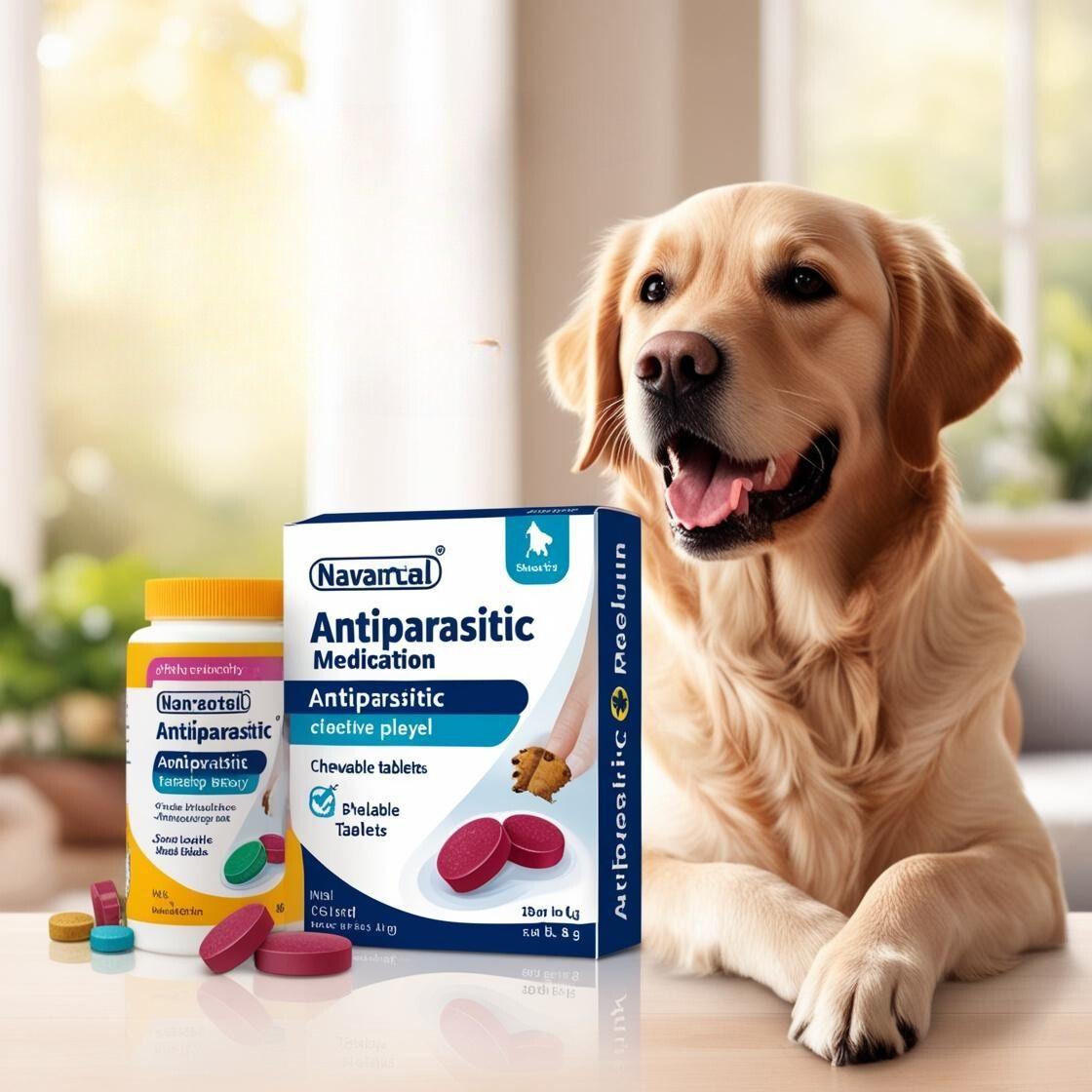 Golden retriever dog next to Navantal antiparasitic medication for dogs with chewable tablets on table
