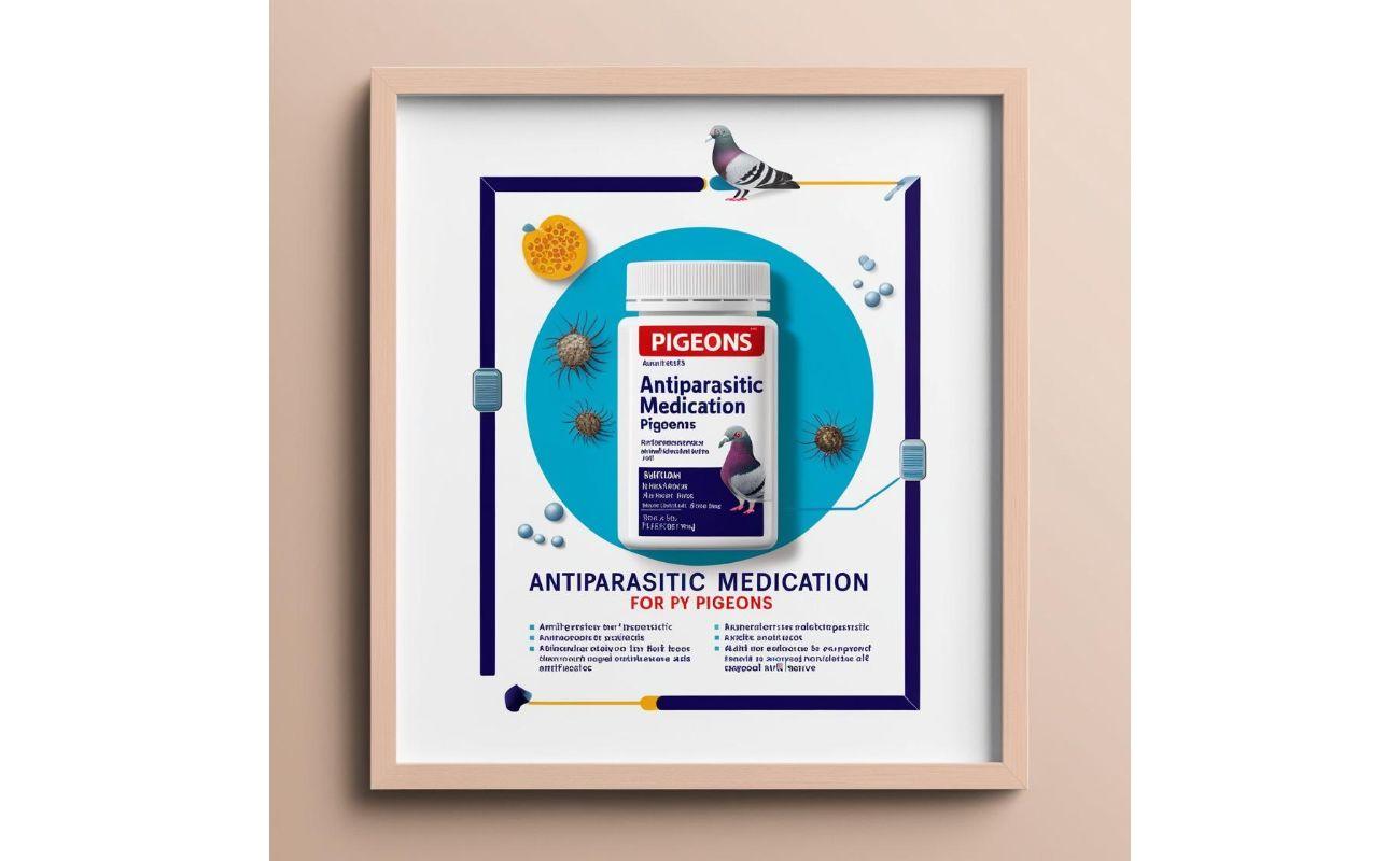 Framed poster of antiparasitic medication bottle for pigeons with pigeon and parasite illustrations