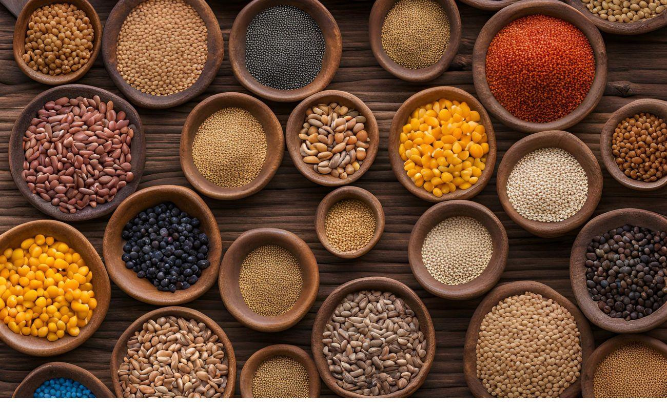 Assorted pigeon feed seeds in wooden bowls, including millet, corn, and sunflower for healthy bird nutrition.