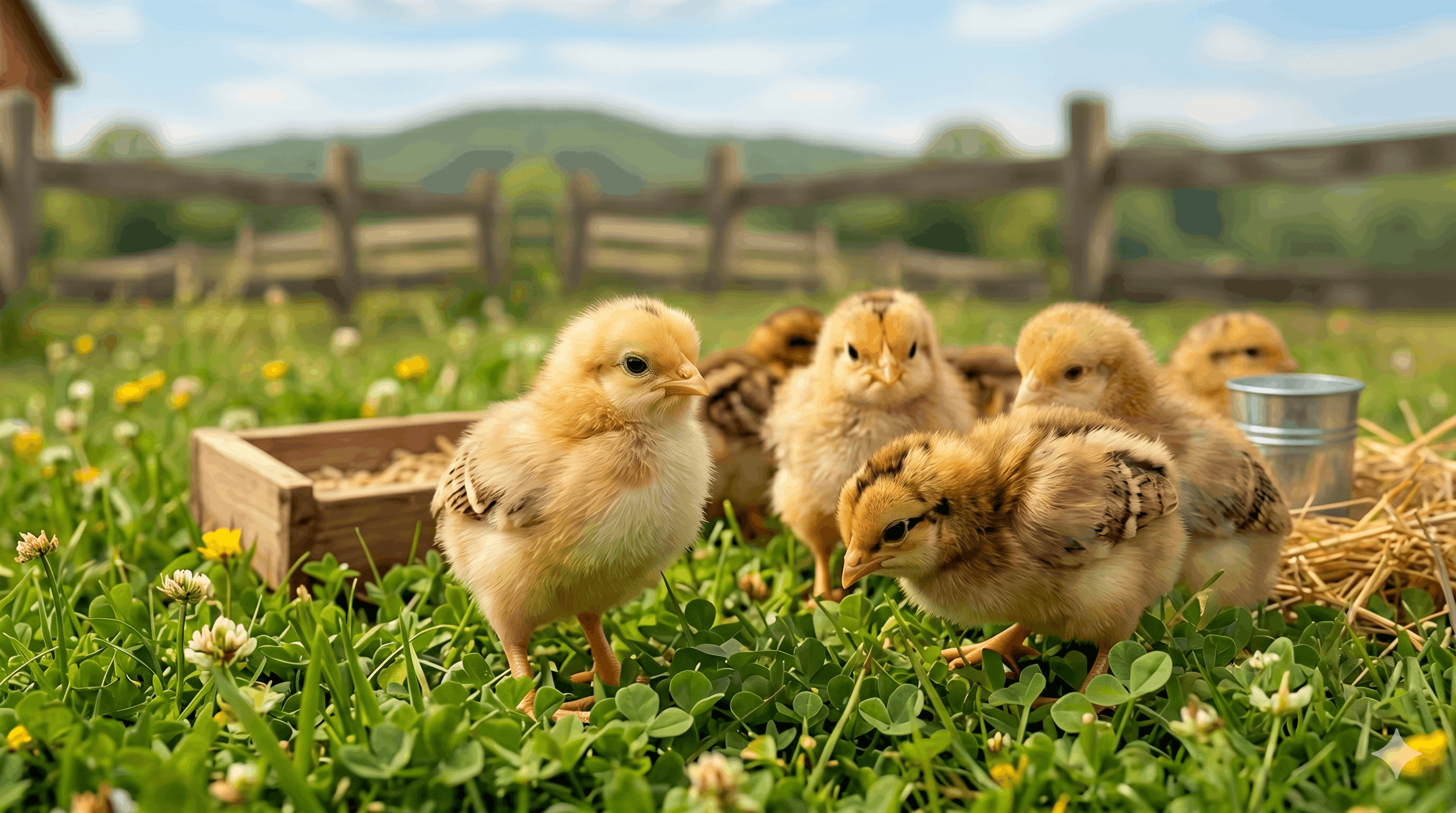 Four fluffy yellow chicks eating from a yellow poultry feeder on brown bedding