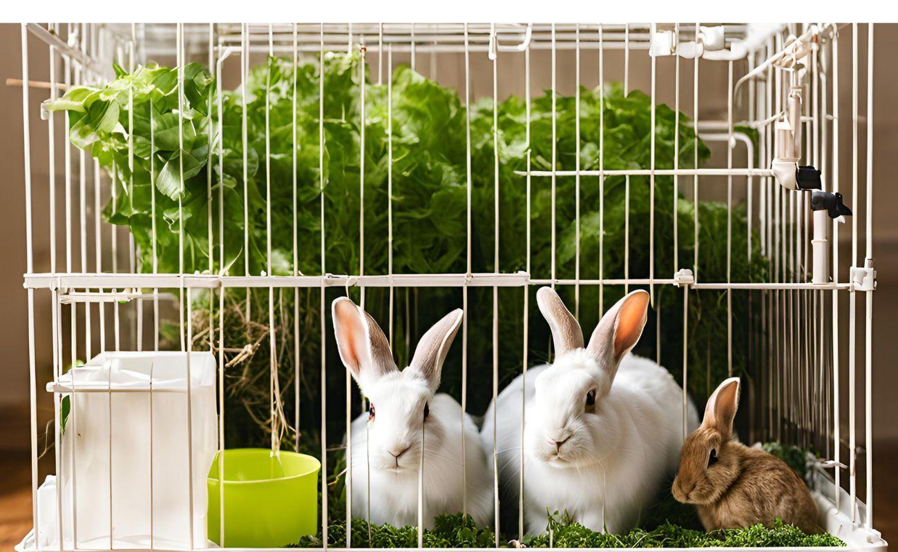 White and brown rabbits inside a metal cage with fresh greens and water containers