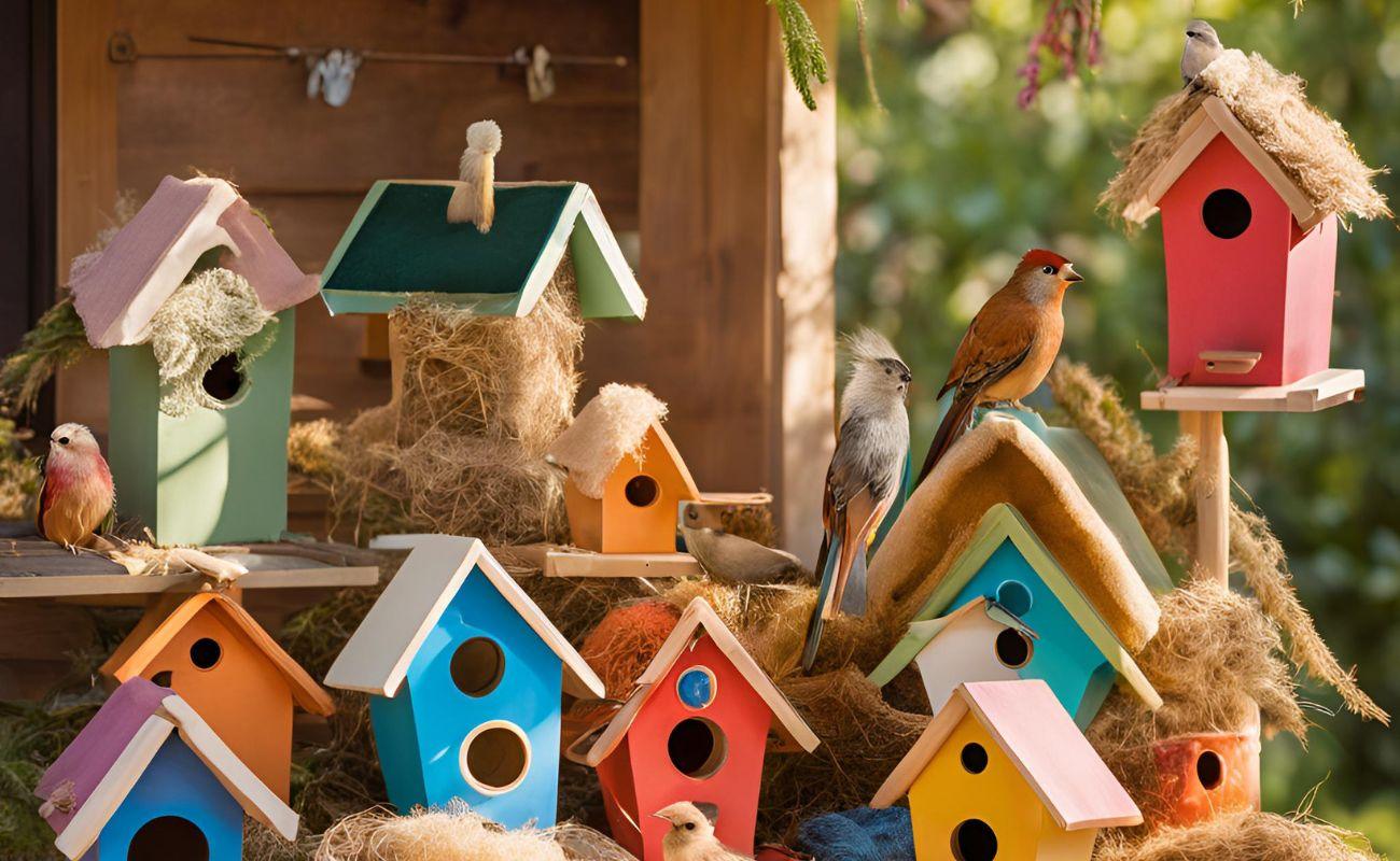 Colorful wooden birdhouses with natural straw and small wild birds perched outdoors