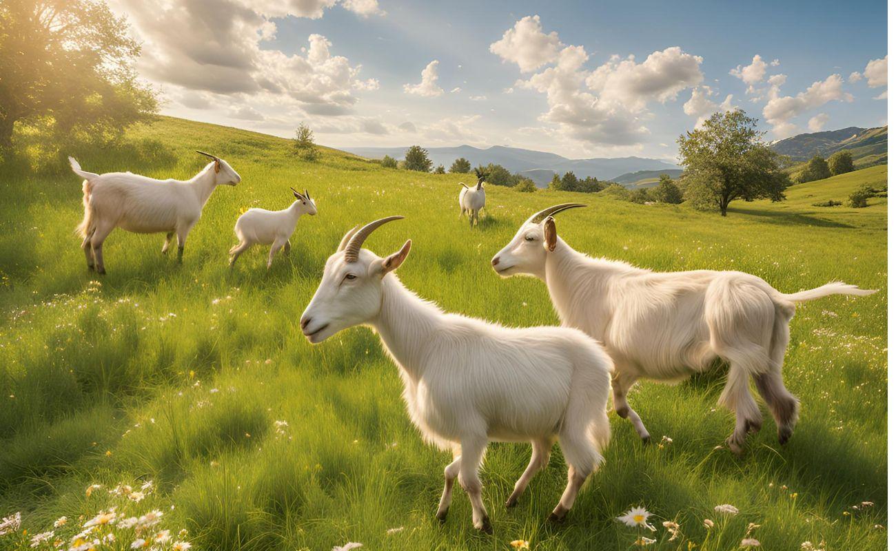 White goats grazing on a sunny green meadow with mountains and trees in the background