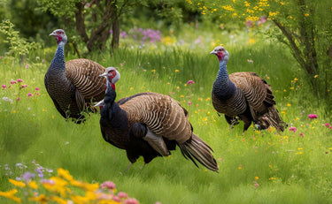 Three wild turkeys standing in a green meadow with colorful wildflowers