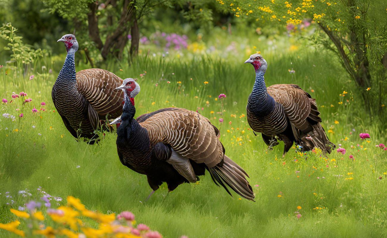 Three wild turkeys standing in a green meadow with colorful wildflowers