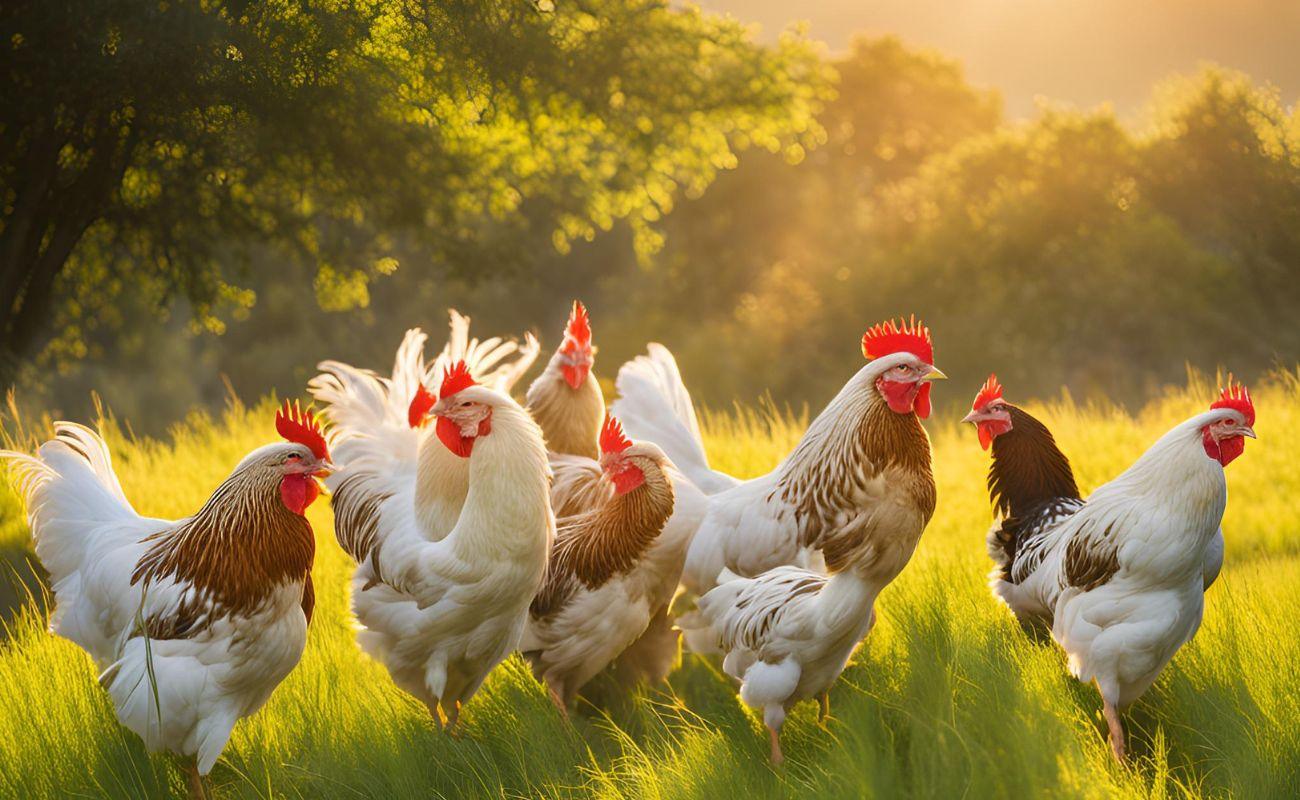 White and brown chickens with red combs in sunlit green grass field during golden hour