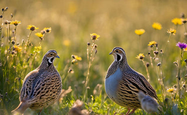 Two quails standing in a sunlit wildflower meadow with yellow and purple flowers