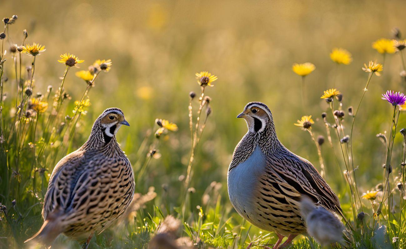 Two quails standing in a sunlit wildflower meadow with yellow and purple flowers