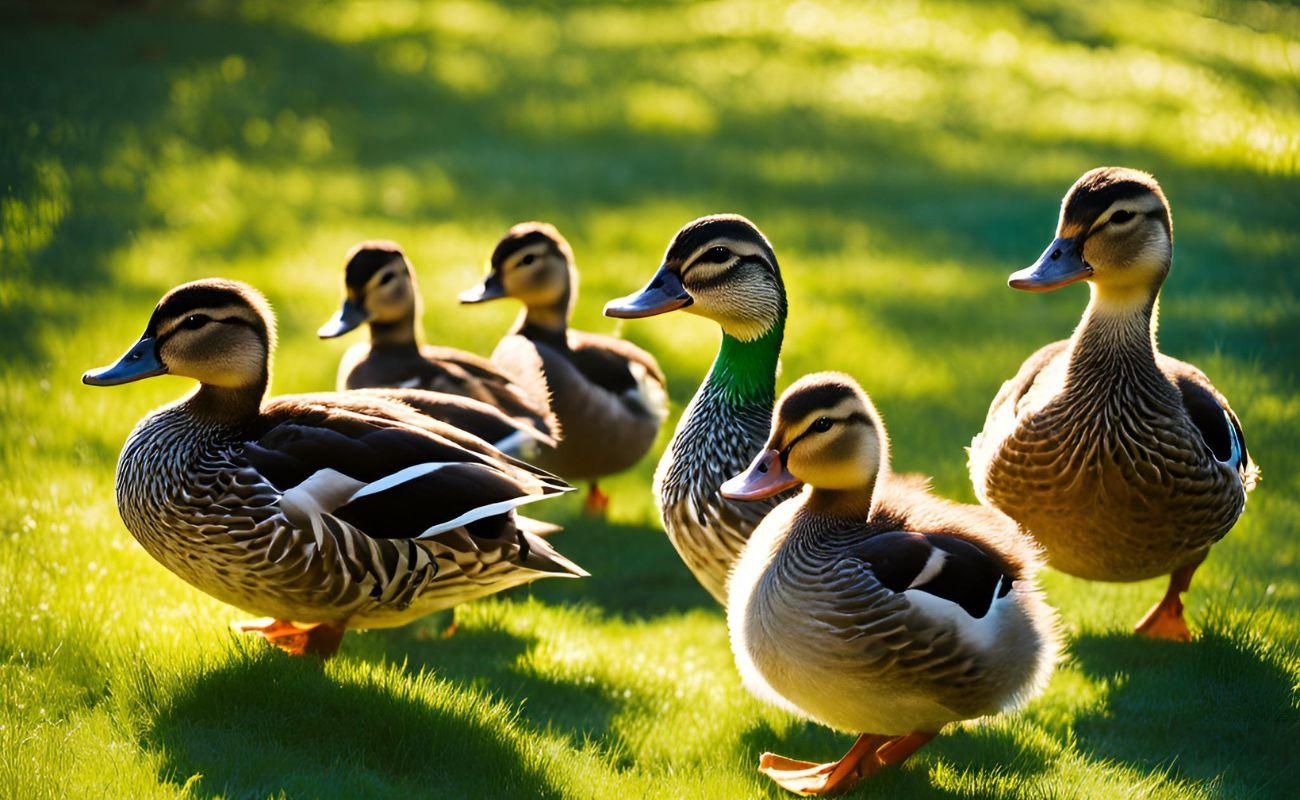Six ducks standing on vibrant green grass in sunlight with detailed feathers visible