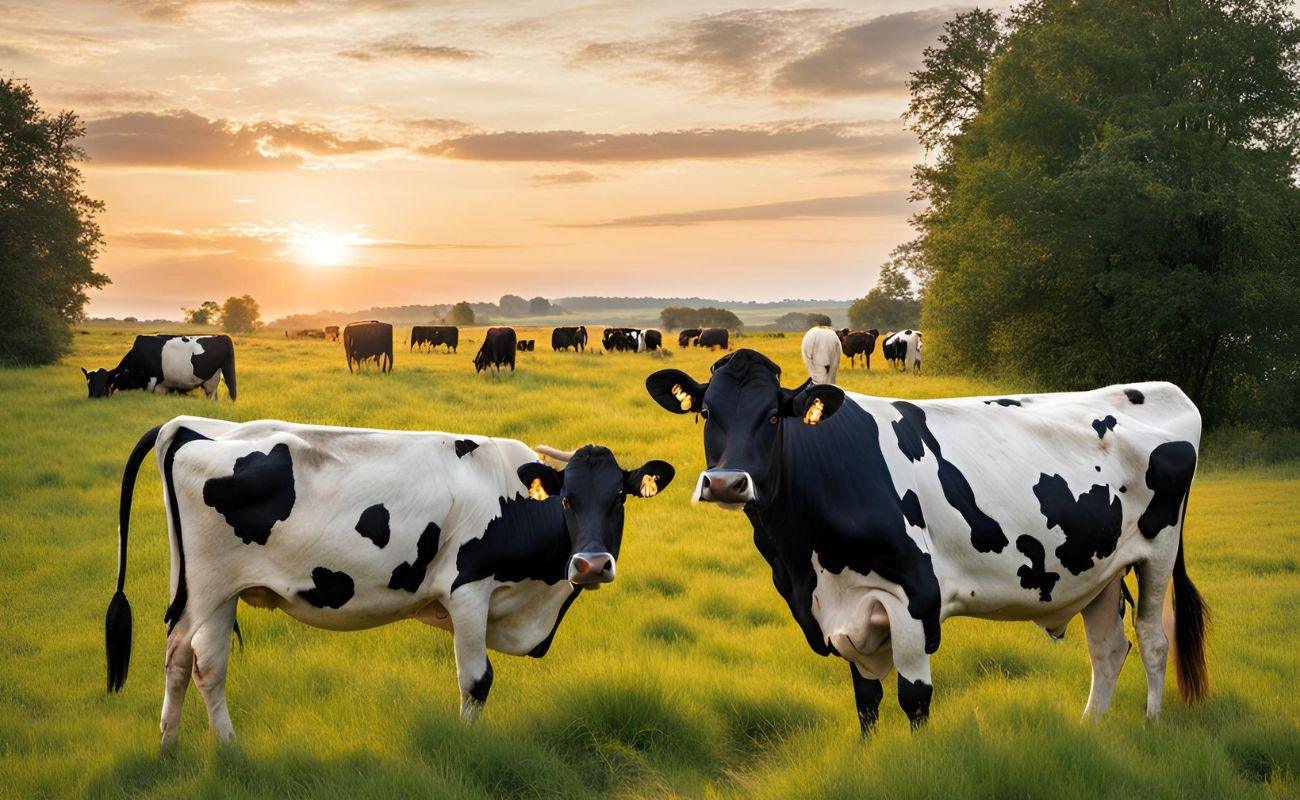 Holstein cows grazing in a green pasture at sunset with trees and a cloudy sky