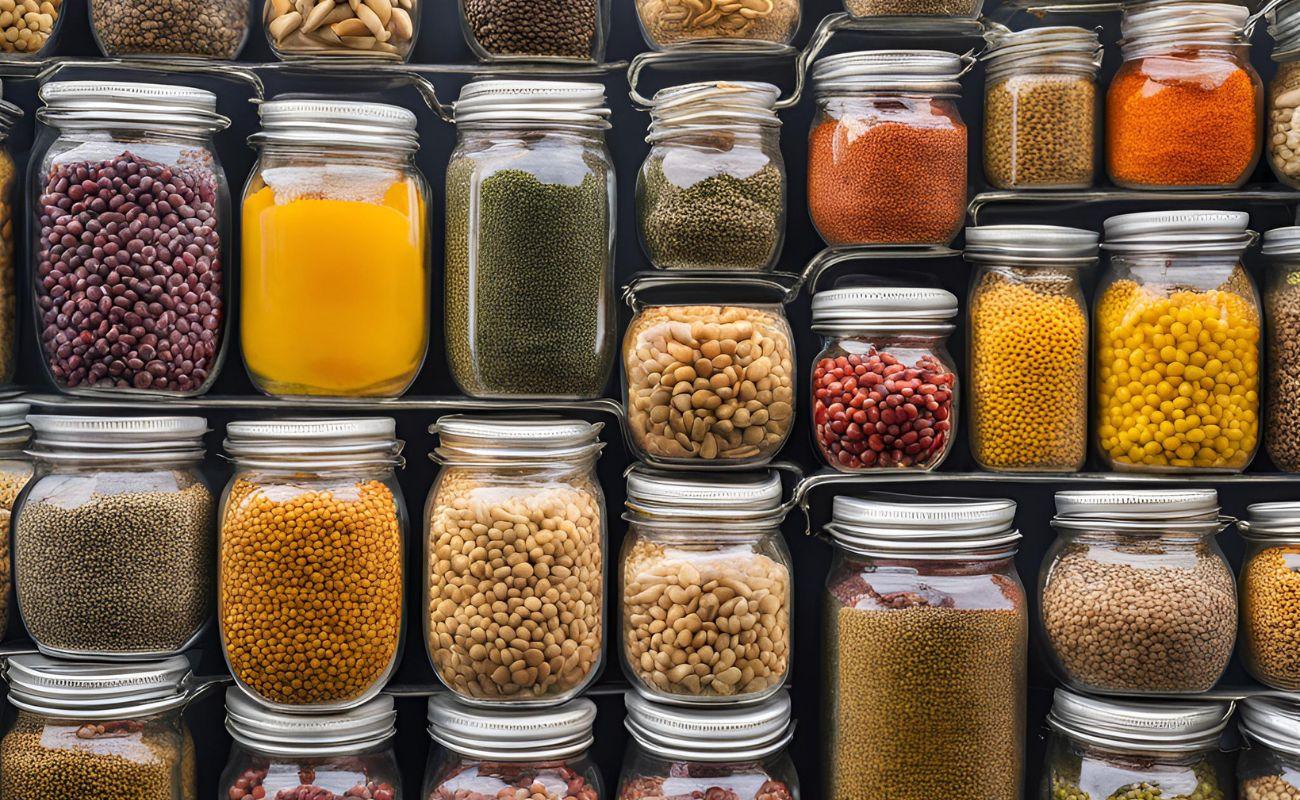 Assorted pigeon feed grains and seeds in glass jars for bird nutrition and health