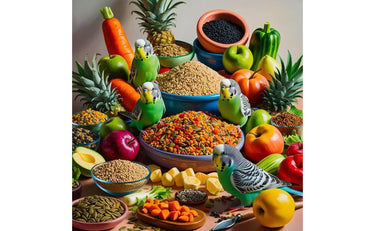 Budgies with colorful bird food, seeds, fruits, and veggies for healthy pet nutrition