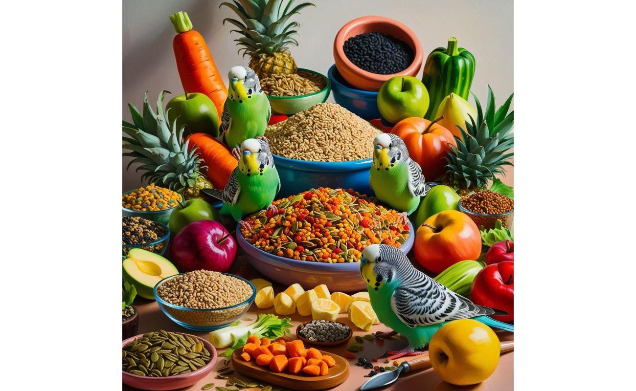 Budgies with colorful bird food, seeds, fruits, and veggies for healthy pet nutrition