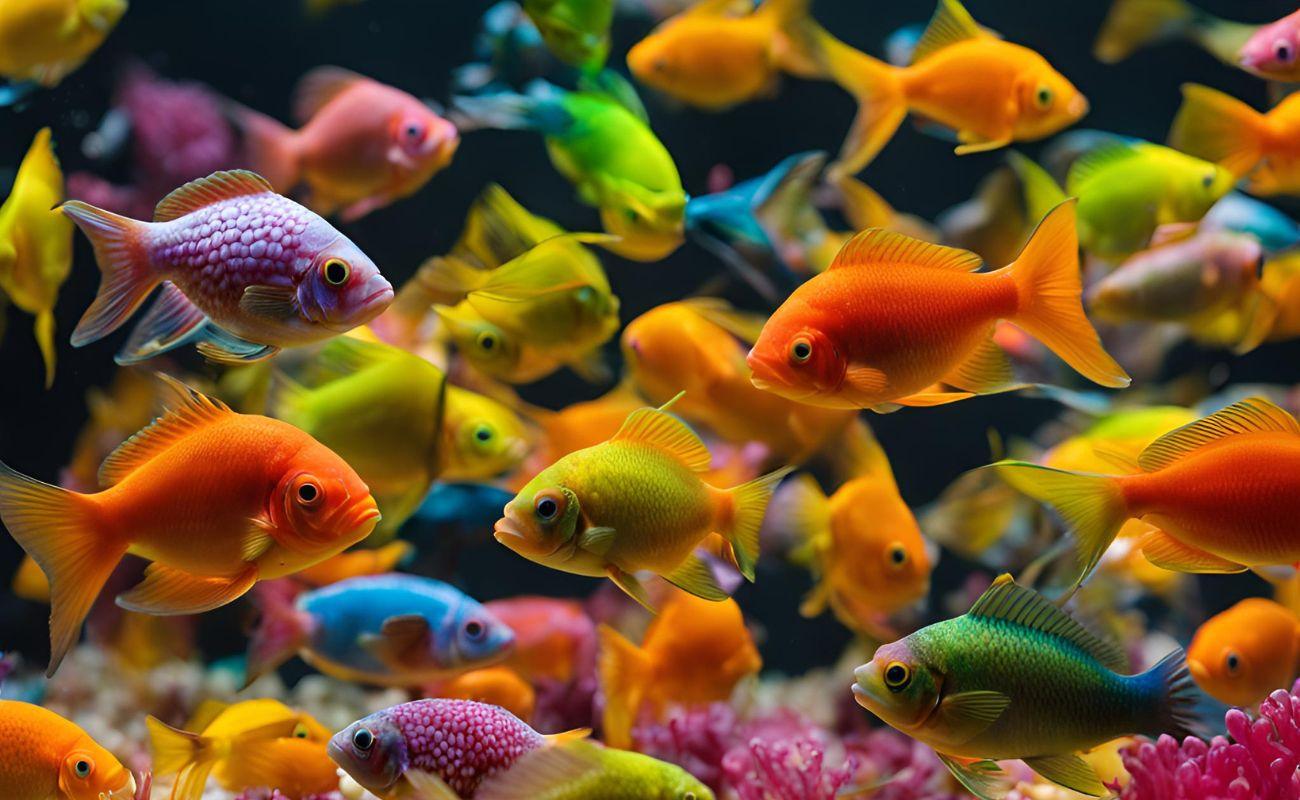 Colorful tropical fish including goldfish and cichlids swimming in an aquarium with dark background