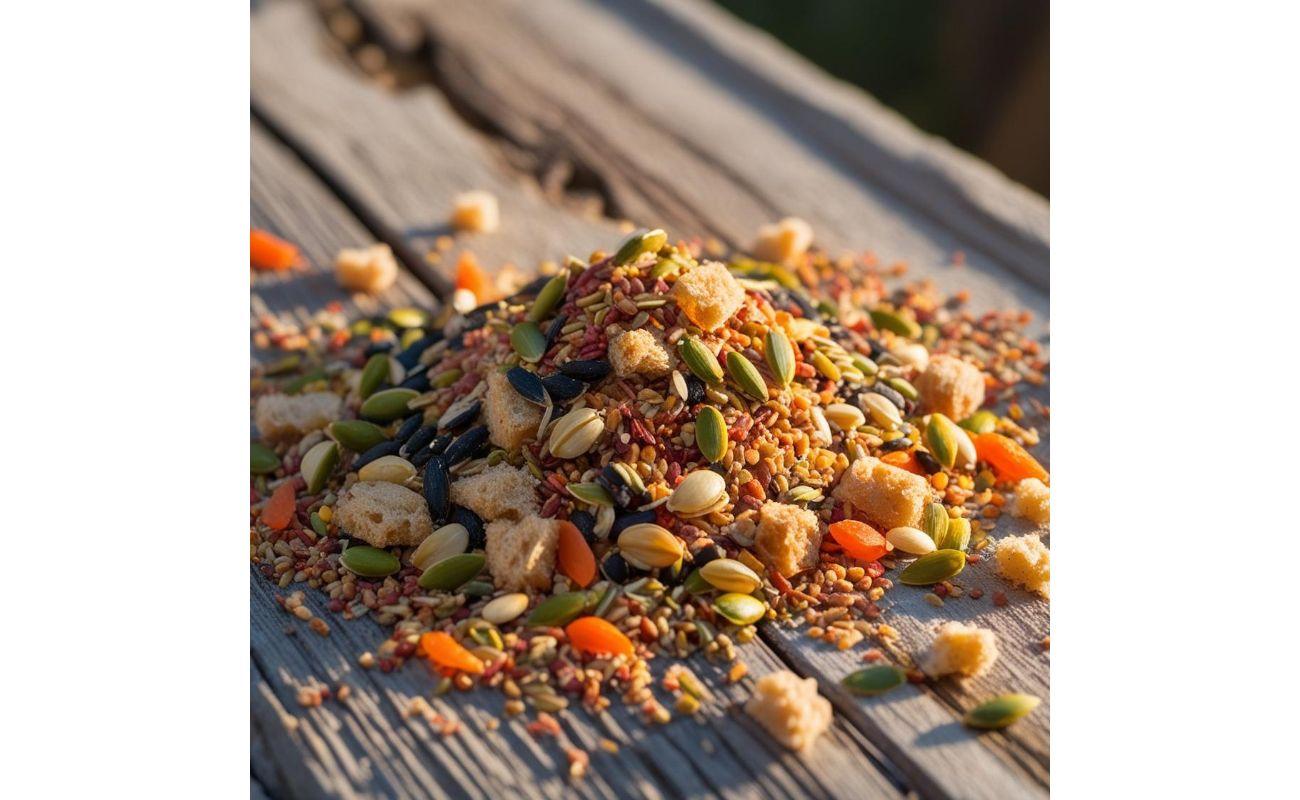 Pile of colorful mixed pigeon feed with seeds, grains, and dried vegetables on wooden surface