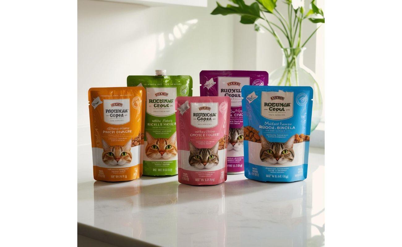Colorful pouches of cat food with cat images on a marble surface and green plant in background