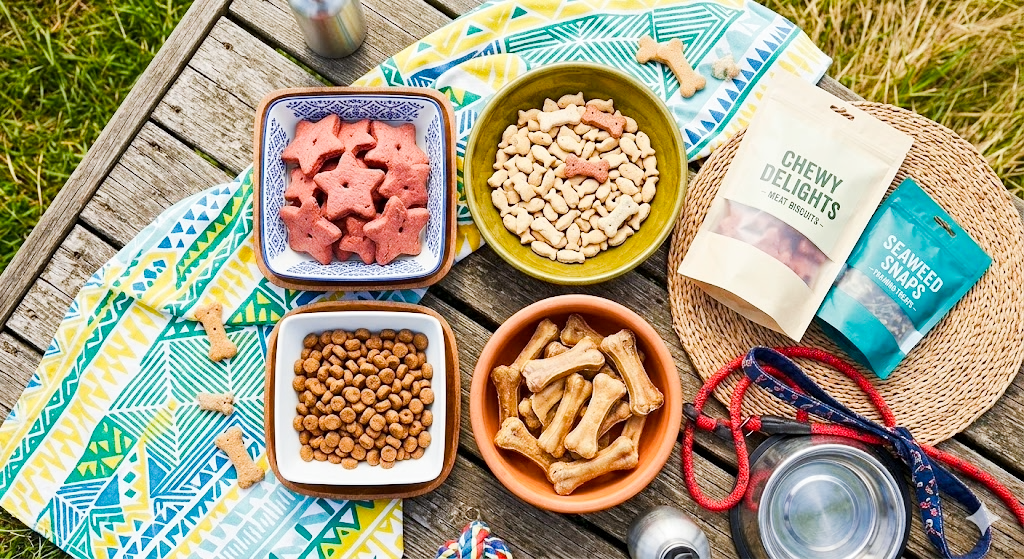 Assortment of colorful dog treats and chew toys arranged in a grid on white background