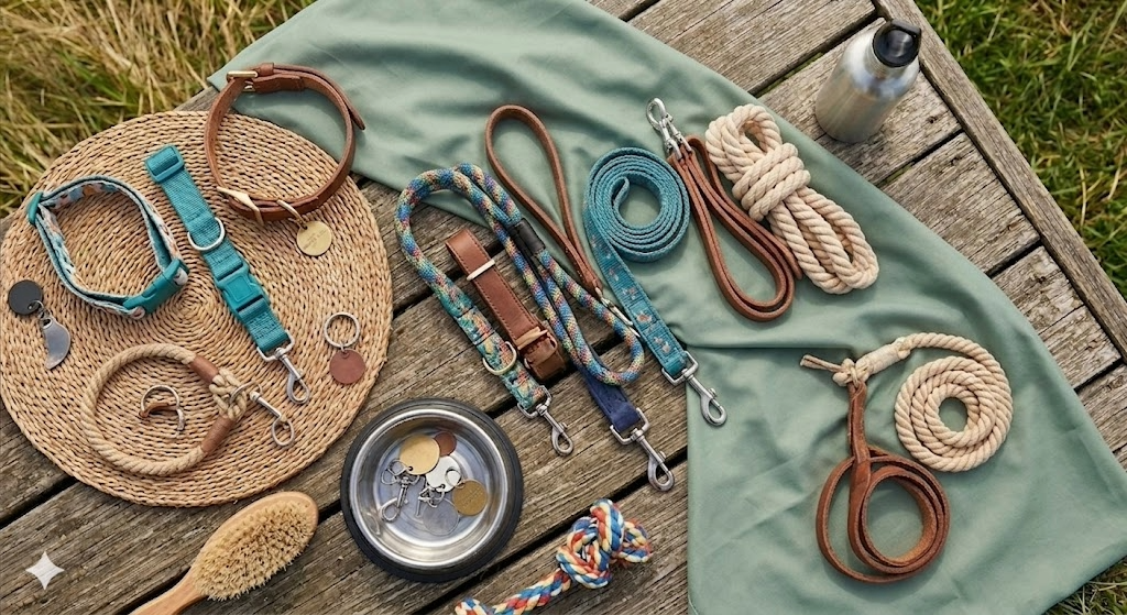 Collection of colorful dog leashes in green, navy, red, and brown on wooden table