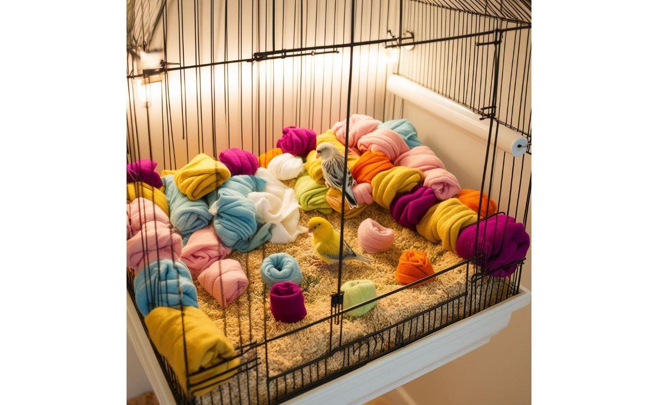 Colorful bird cage with small birds, soft fabric nests, and bedding for pet bird comfort and care