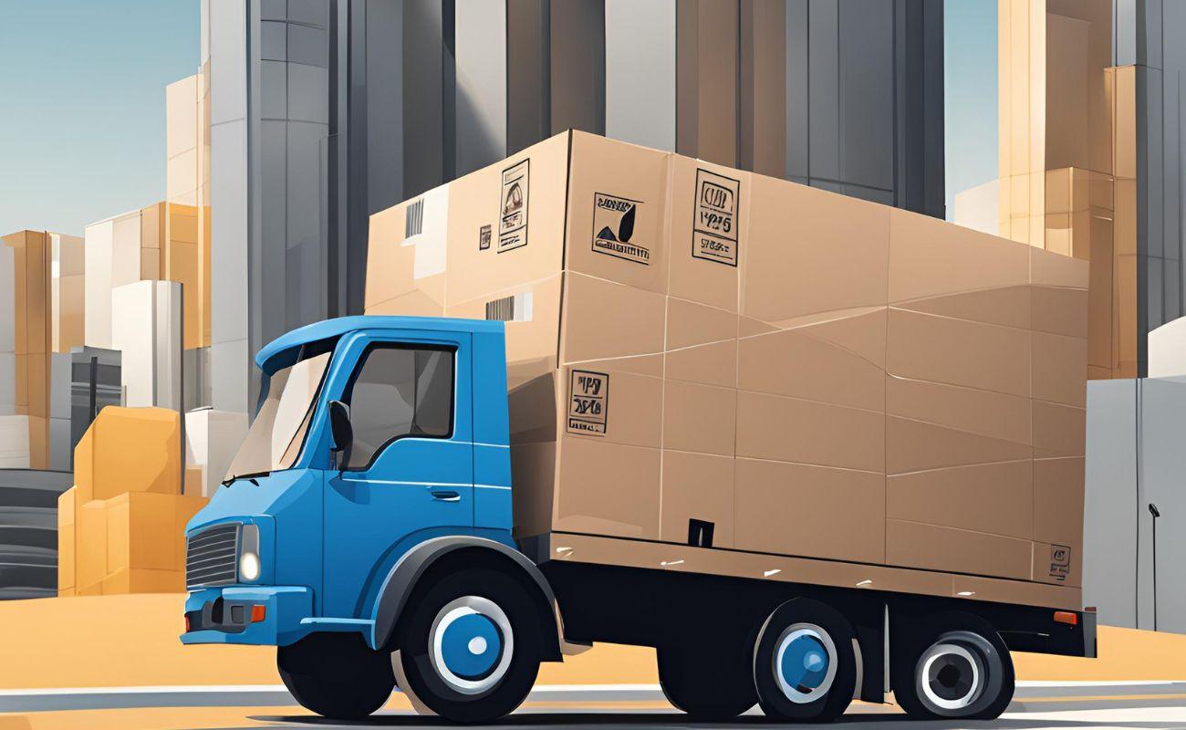 Blue delivery truck carrying large cardboard boxes in an urban setting with tall buildings