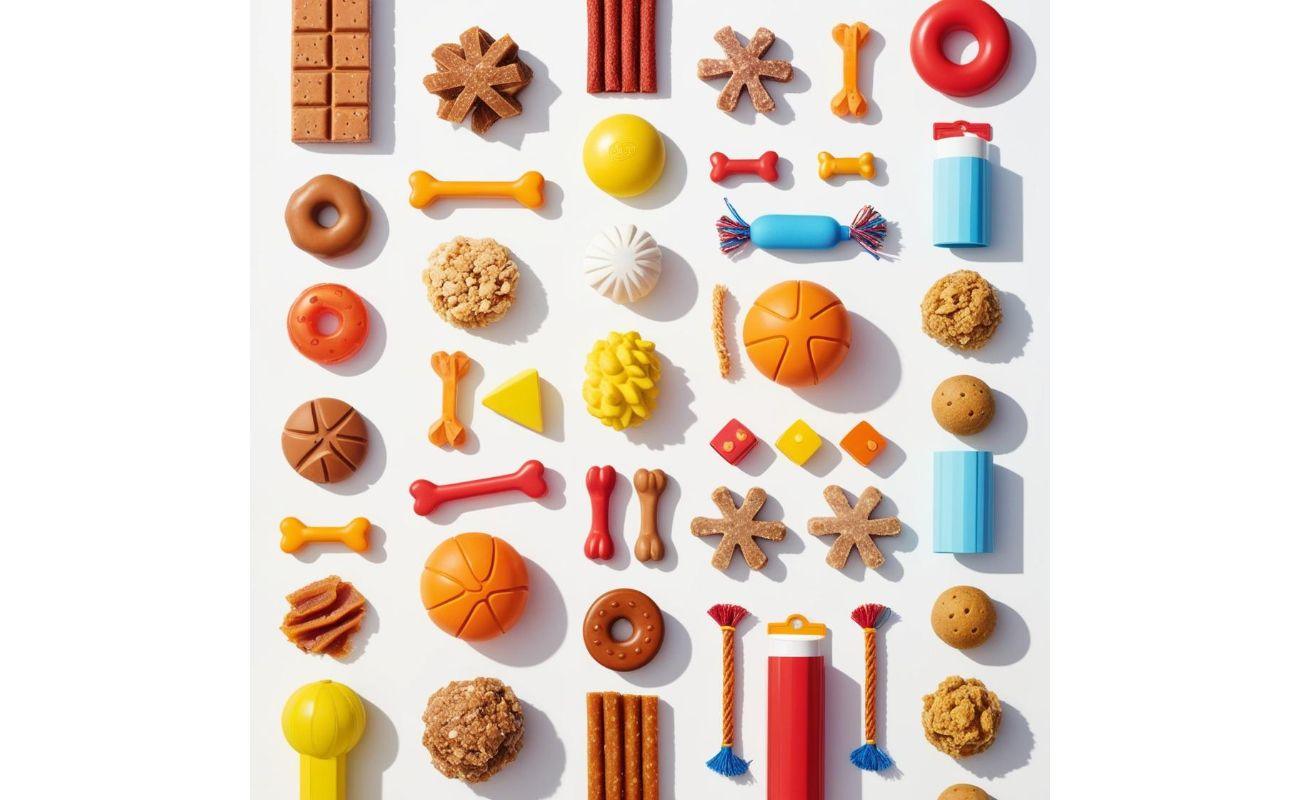 Assortment of colorful dog treats and chew toys arranged in a grid on white background