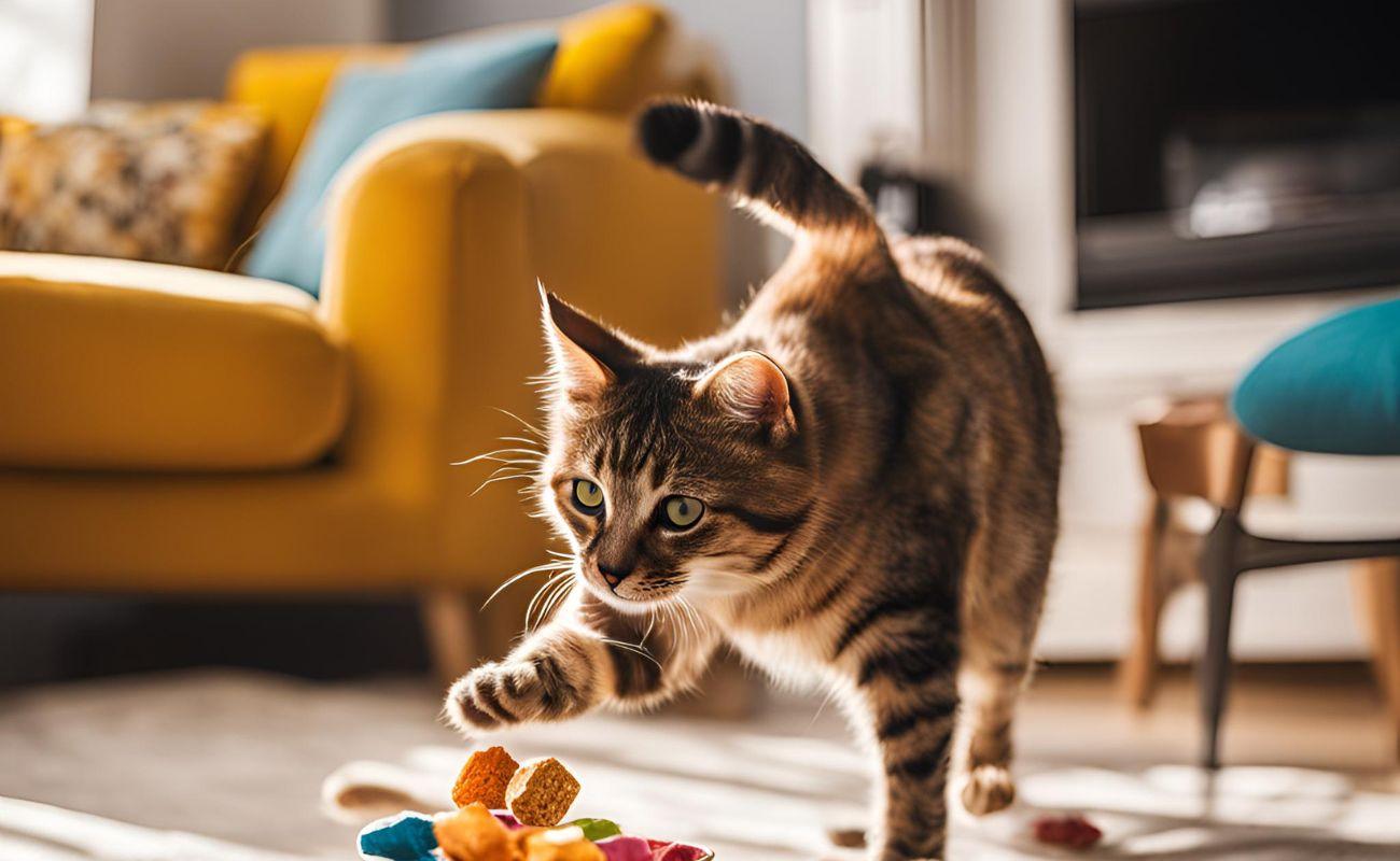 Tabby cat reaching out paw near colorful cat treats on floor in cozy living room