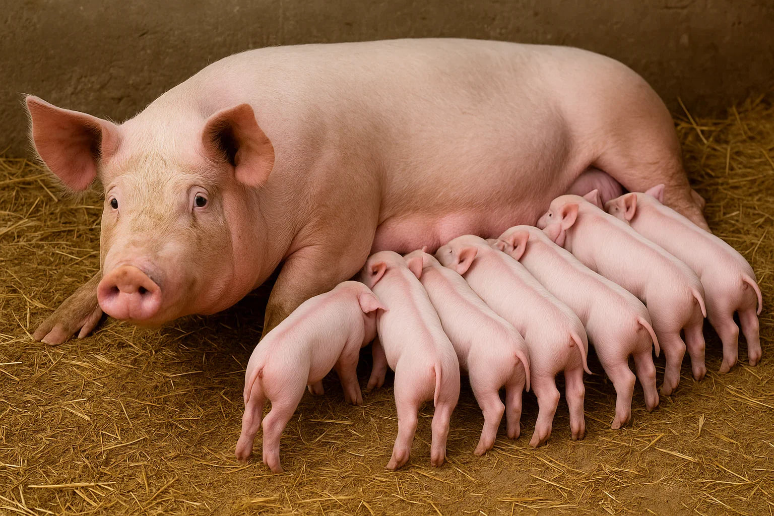 Mother pig lying on straw nursing eight piglets in a barn setting
