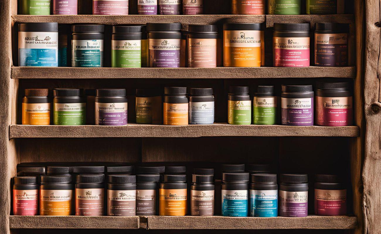 Wooden shelves filled with colorful supplement jars for horses in various sizes and colors