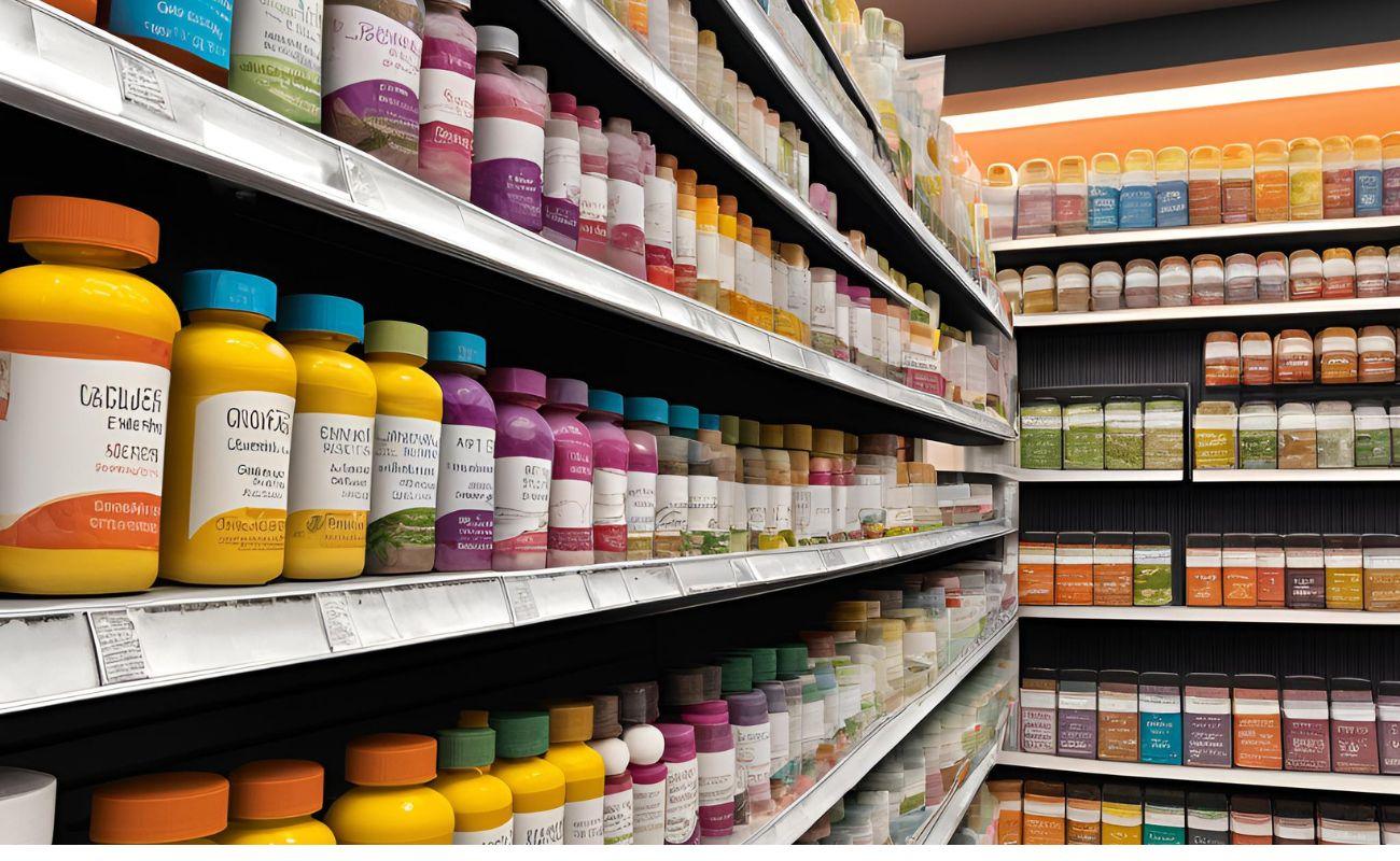 Store shelves with colorful supplement bottles and containers for rabbits in a pet supply display