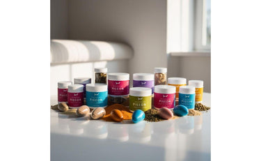 Pigeon supplements and feed products displayed with colorful eggs and grains on a bright table