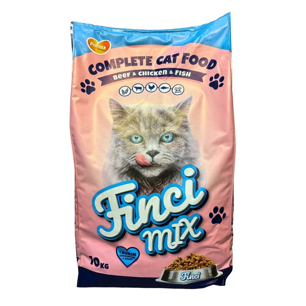 Hrana completă pentru pisici Finci Mix cu vită, pui și pește, 10 kg, cu taurin pentru circulație și inimă