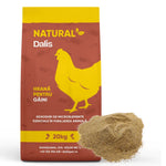 20kg bag of Dalis natural chicken feed with micronutrient additives and loose feed pile