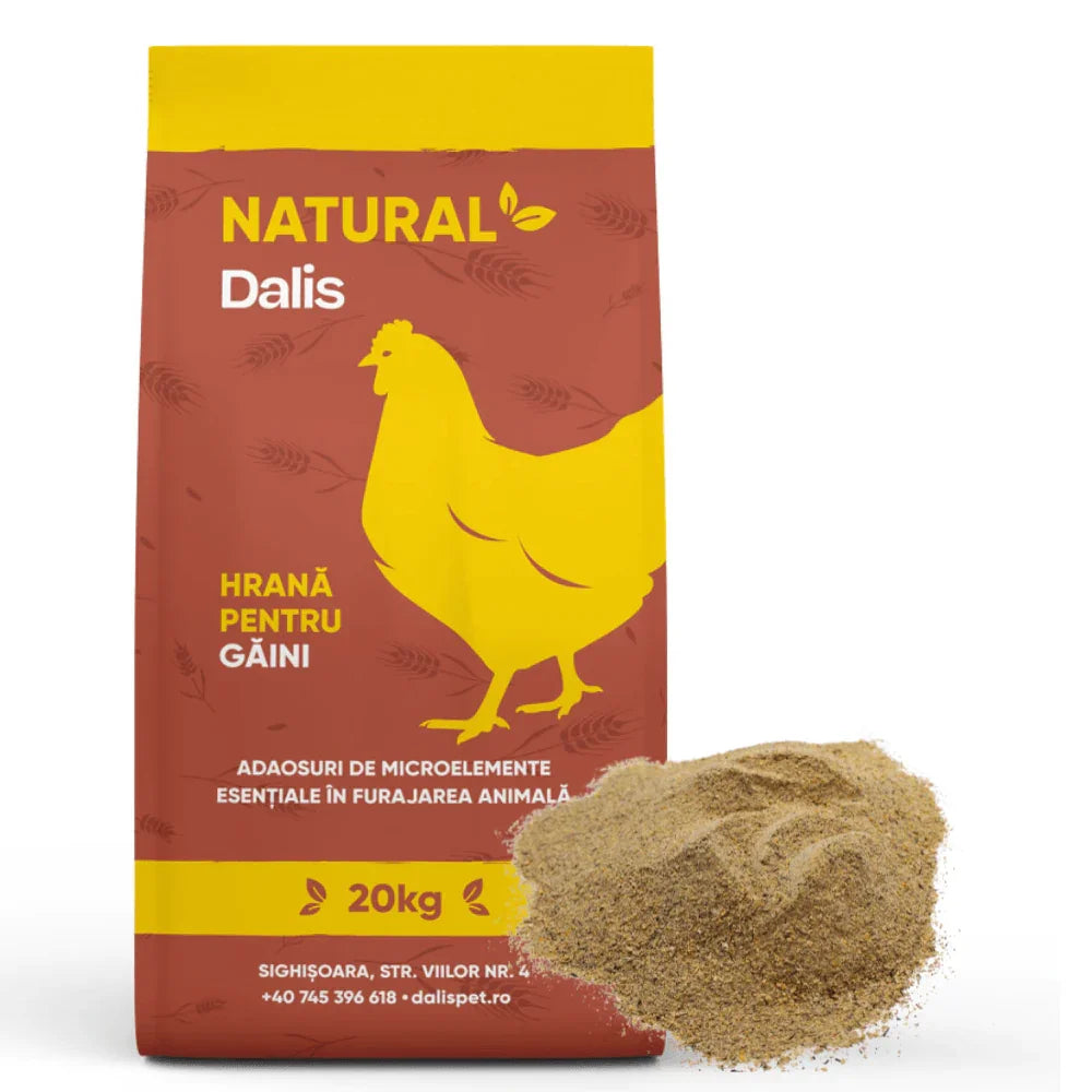 20kg bag of Dalis natural chicken feed with micronutrient additives and loose feed pile