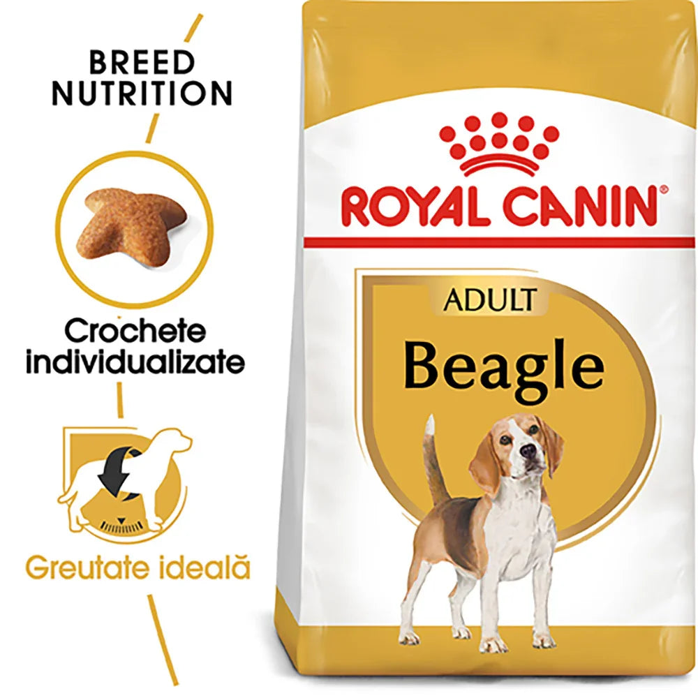 Royal Canin Adult Beagle dog food bag with breed-specific nutrition and ideal weight support