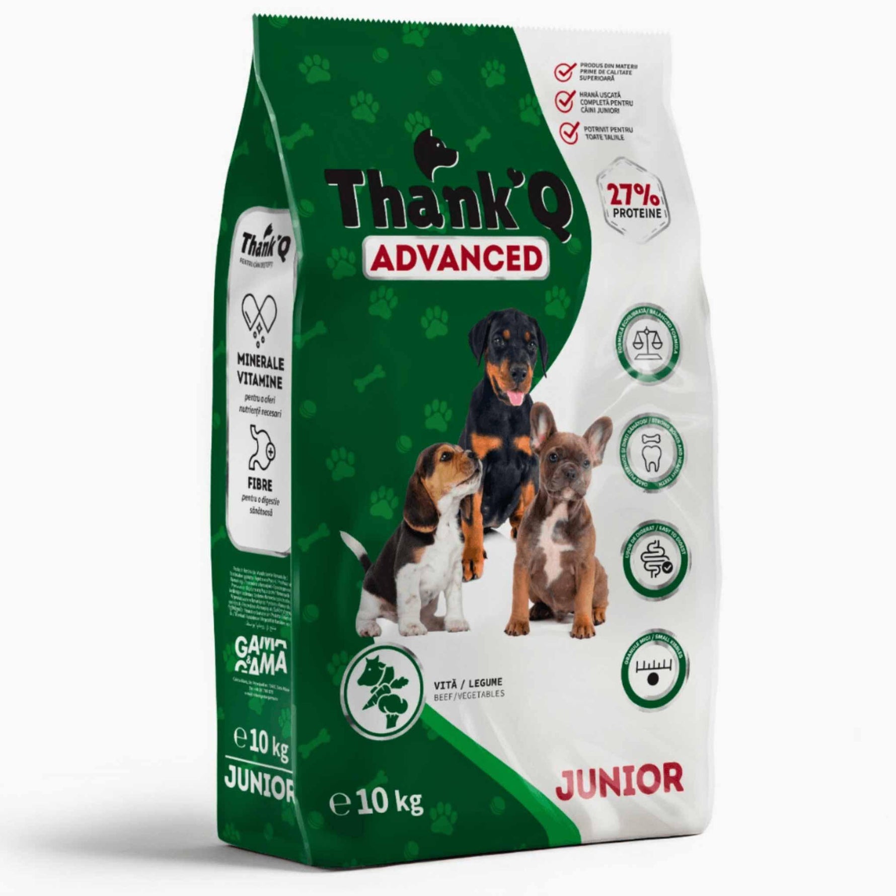 Thank'Q Advanced Junior dog food 10kg bag with images of three puppies and beef/vegetables formula
