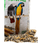 bag of parrot mix birdseed with images of African grey and macaw parrots on wooden perch and loose mixed seeds with peanuts