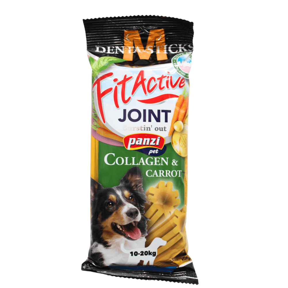 Panzi Fit Active Joint dog dental sticks with collagen and carrot for 10-20kg dogs featuring a happy dog image