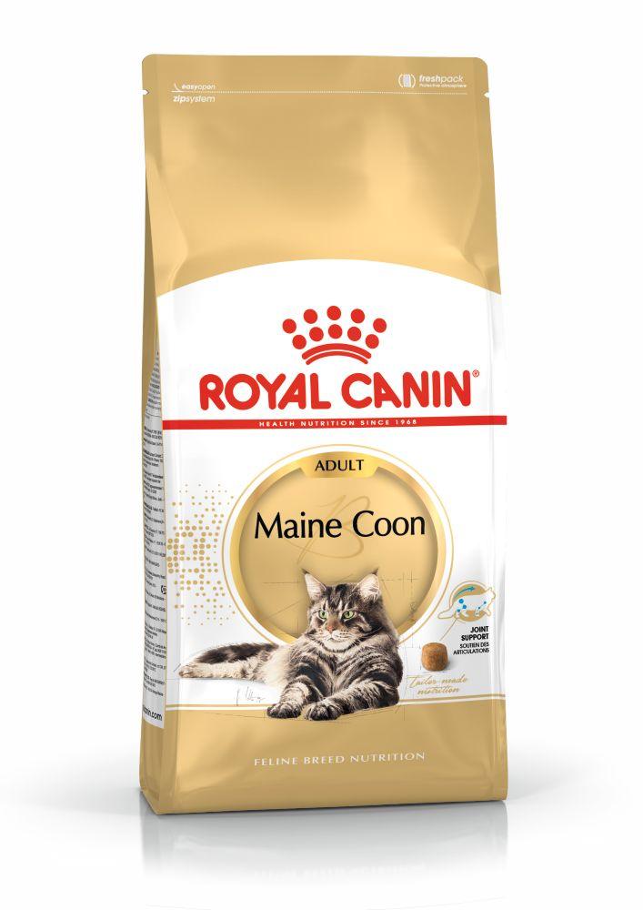 Royal Canin Adult Maine Coon cat food bag with image of Maine Coon cat and joint support label