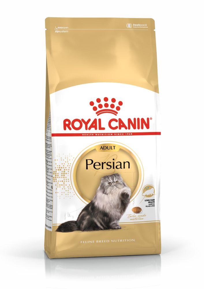 Royal Canin Persian Adult cat food bag with long hair health formula and Persian cat image
