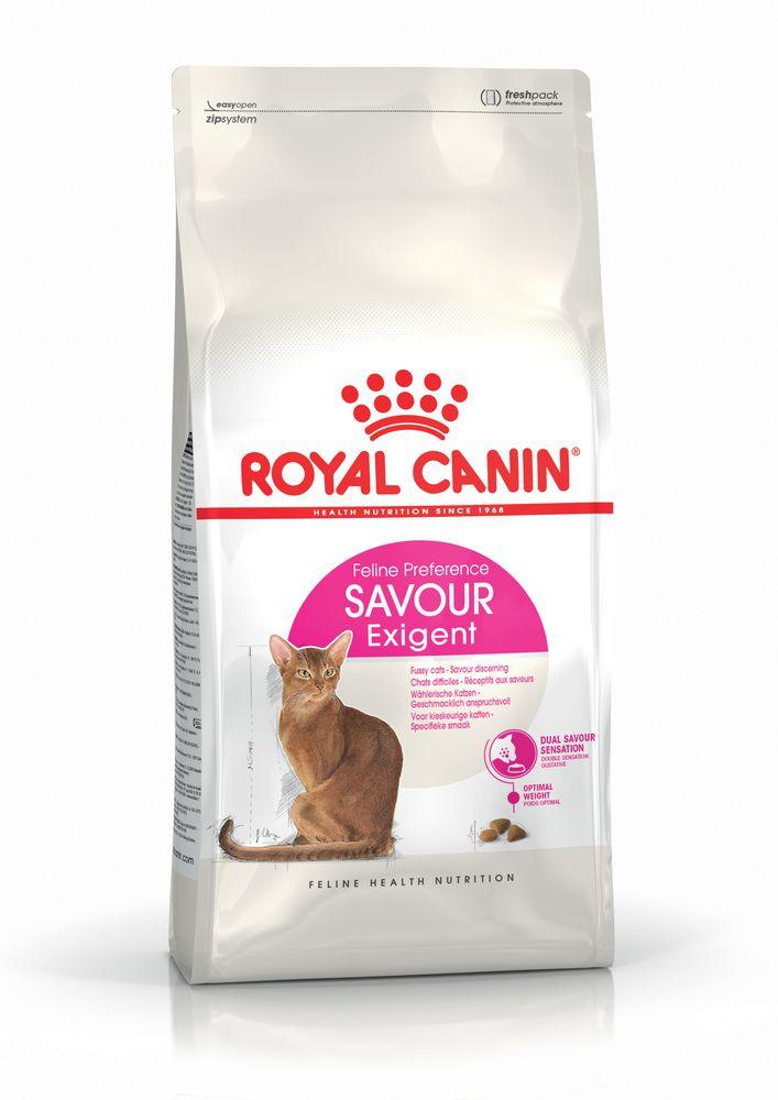 Royal Canin Feline Preference Savour Exigent dry cat food bag with sitting brown cat image