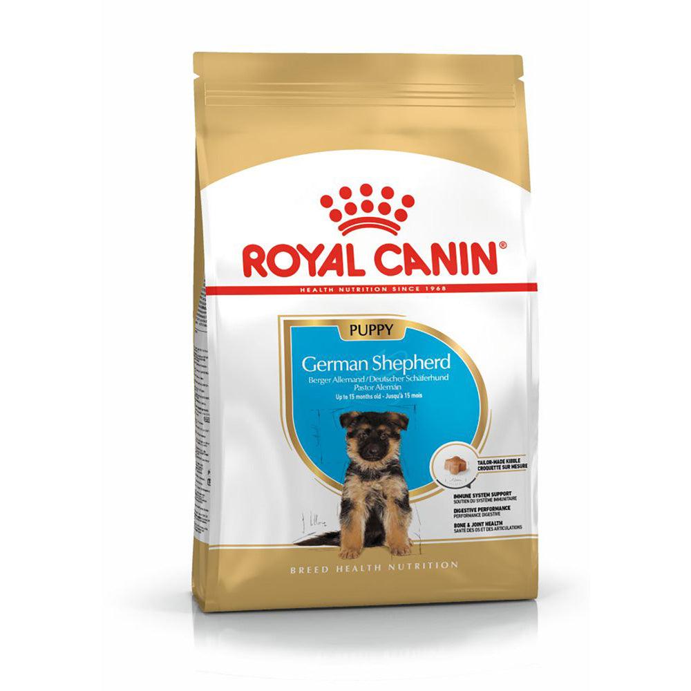 Royal Canin German Shepherd puppy dry dog food bag with puppy image and breed-specific nutrition