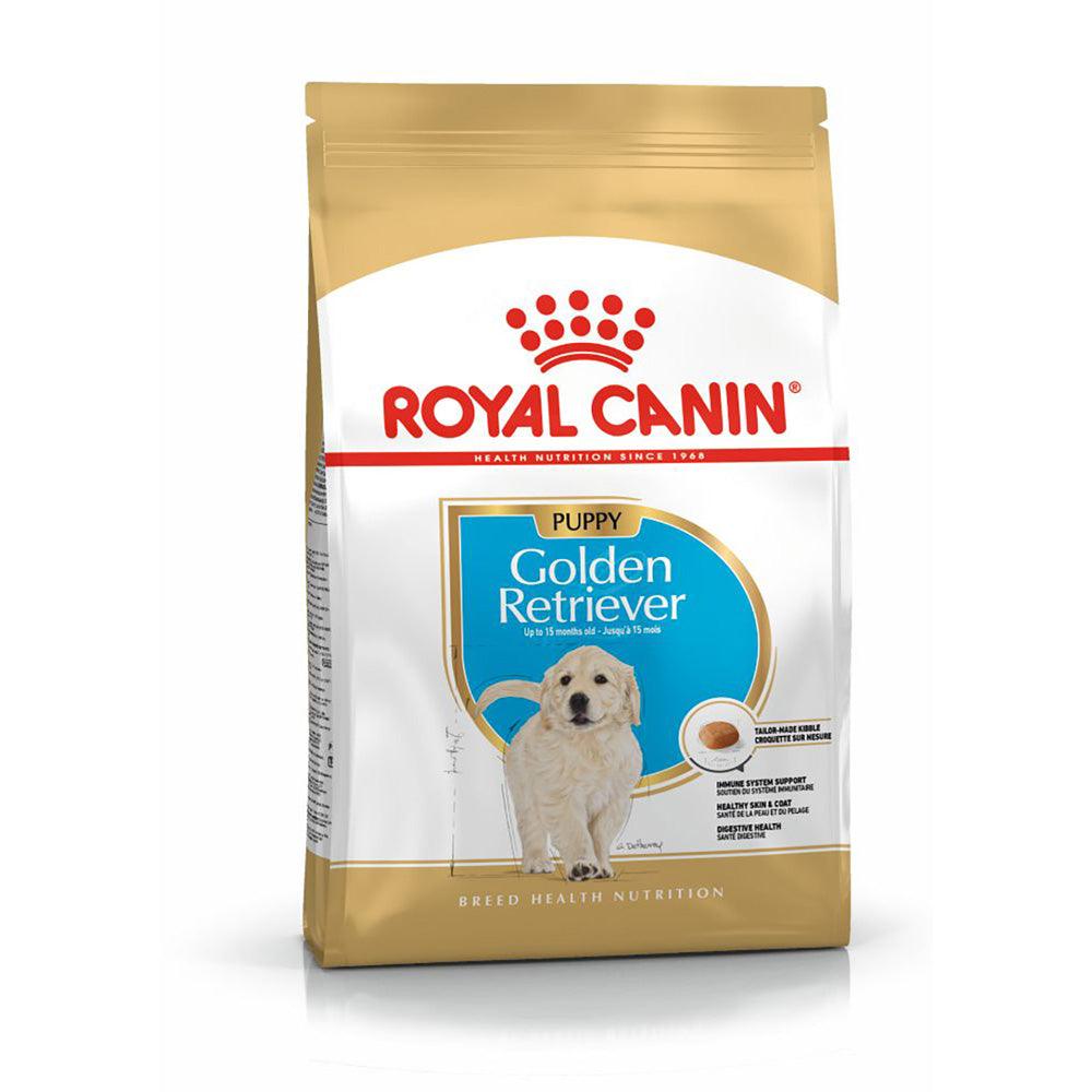 Royal Canin Golden Retriever puppy dry dog food bag featuring a puppy image and breed-specific nutrition