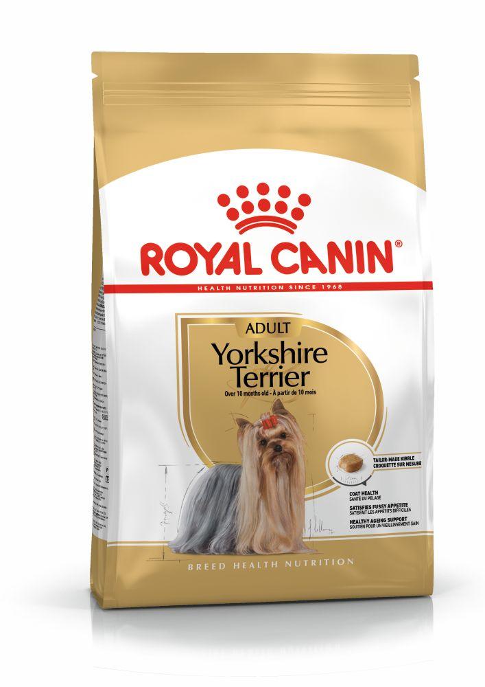 Royal Canin Adult Yorkshire Terrier dog food bag with coat health and tailored kibble features